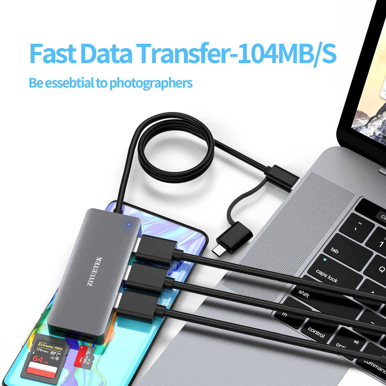 Gigbird USB C double head hub 6 in 1 USB 3.0 Ultra-Slim Data Hub with 5 foot , SD/TF Card Reader,suitable for MacBook, Mac Pro, Mac mini, iMac, XPS, laptops, USB flash drives, Mobile HDD, etc.(Black)