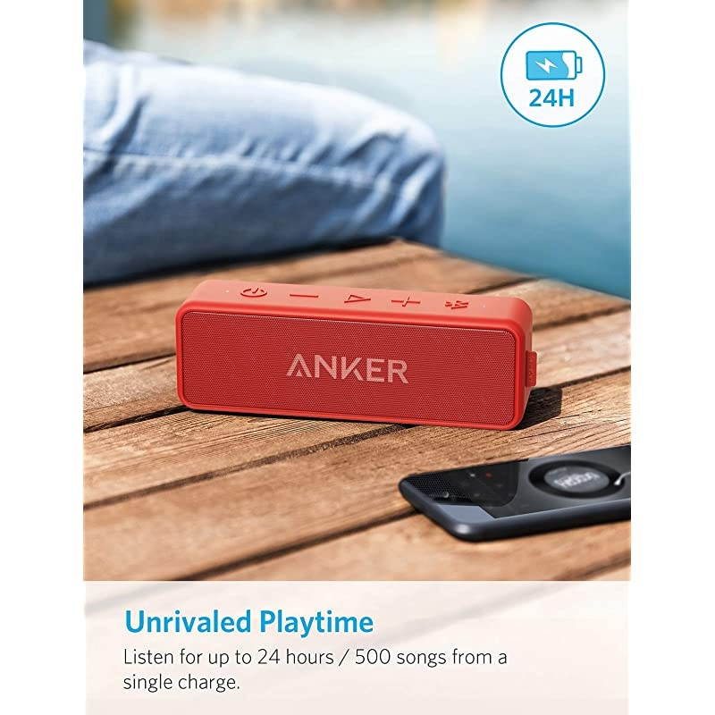 Soundcore 2 Portable Bluetooth Speaker with Better Bass 24Hour Playtime 66ft Bluetooth Range IPX7 Water Resistance Builtin Mic DualDriver Wireless Speaker for Beach Travel Party Red
