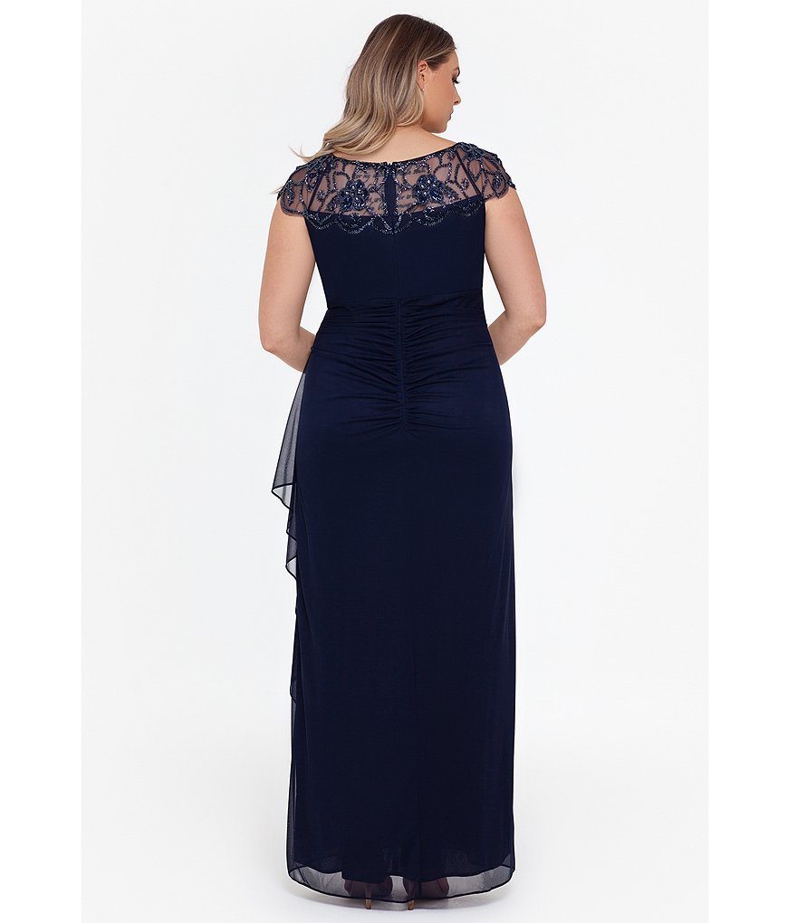 Xscape Plus Size Beaded Cap Sleeve Illusion Crew Neck Ruched Gown
