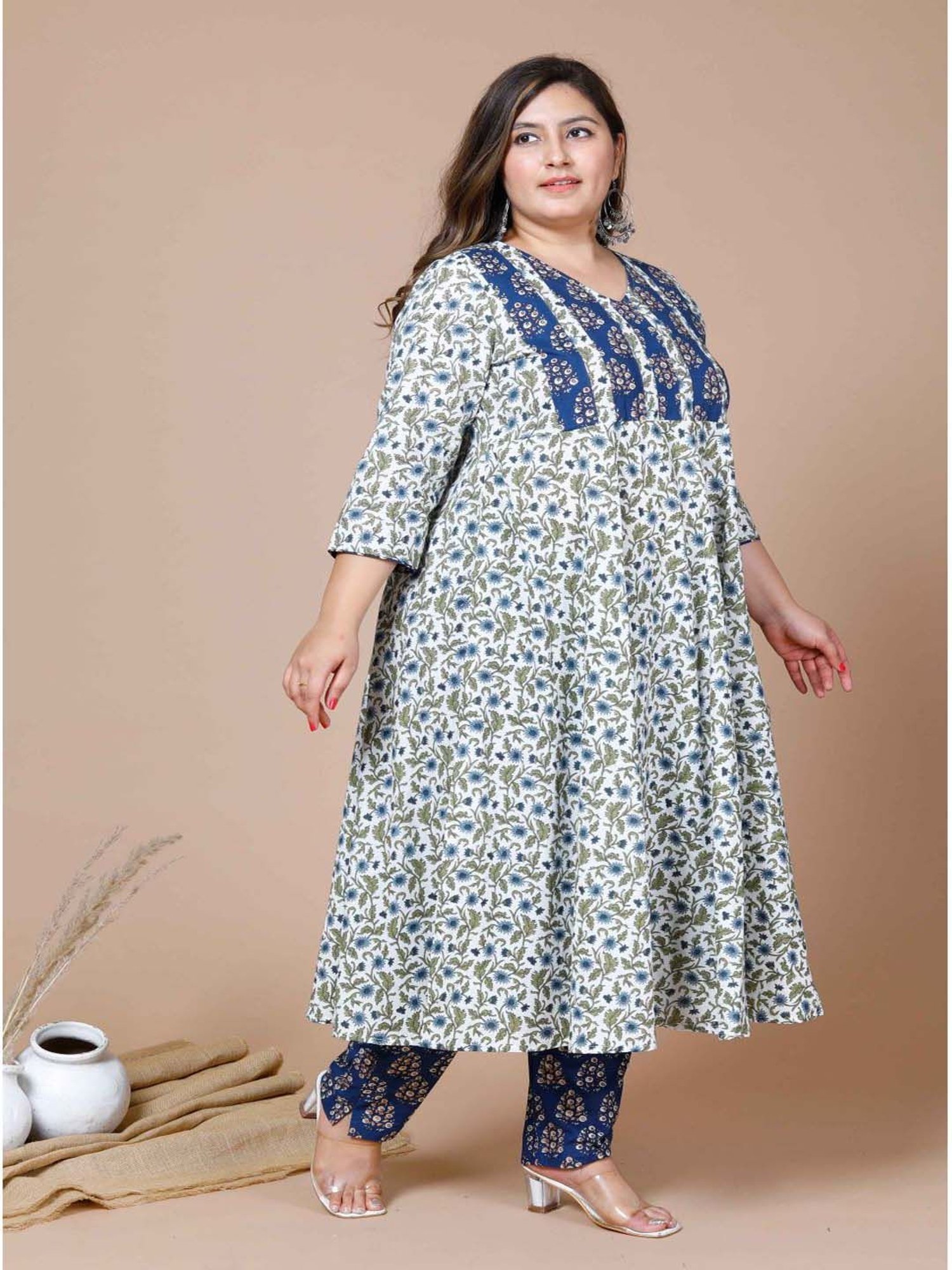 Miravan Blue Cotton Printed Kurta Pant Set