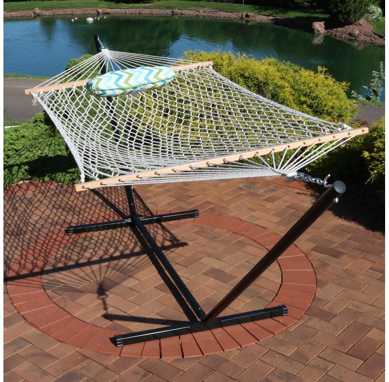 Sunnydaze Cotton Rope Freestanding Hammock with Portable Steel Stand and Spreader Bar with Pad and Pillow - 12' Stand - Blue and Green Chevron