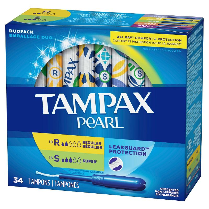 Tampax Pearl Tampons Regular/Super Absorbency with LeakGuard Braid -Duo Pack - Unscented - 34ct