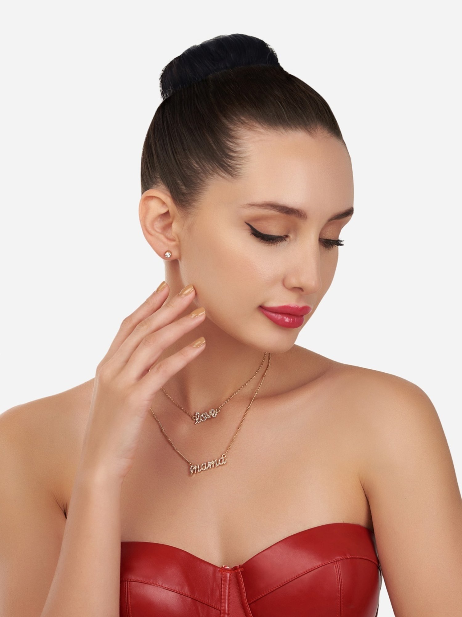 Zaveri Pearls Gold Tone 2 layers Austrian Diamonds Studded Love Mama Necklace Earring Set-ZPFK12071