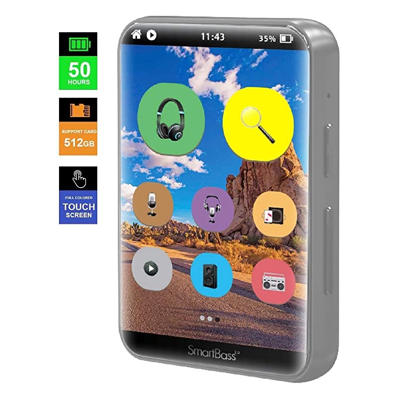 SMARTBASS 2.0 MP3 Player with Bluetooth, Full Touch Screen, MP3 Players Without Radio, NO Video, NO Pictures, Kosher, Option to Transfer Files from SD Card to The MP3, Voice Recorder (Silver)