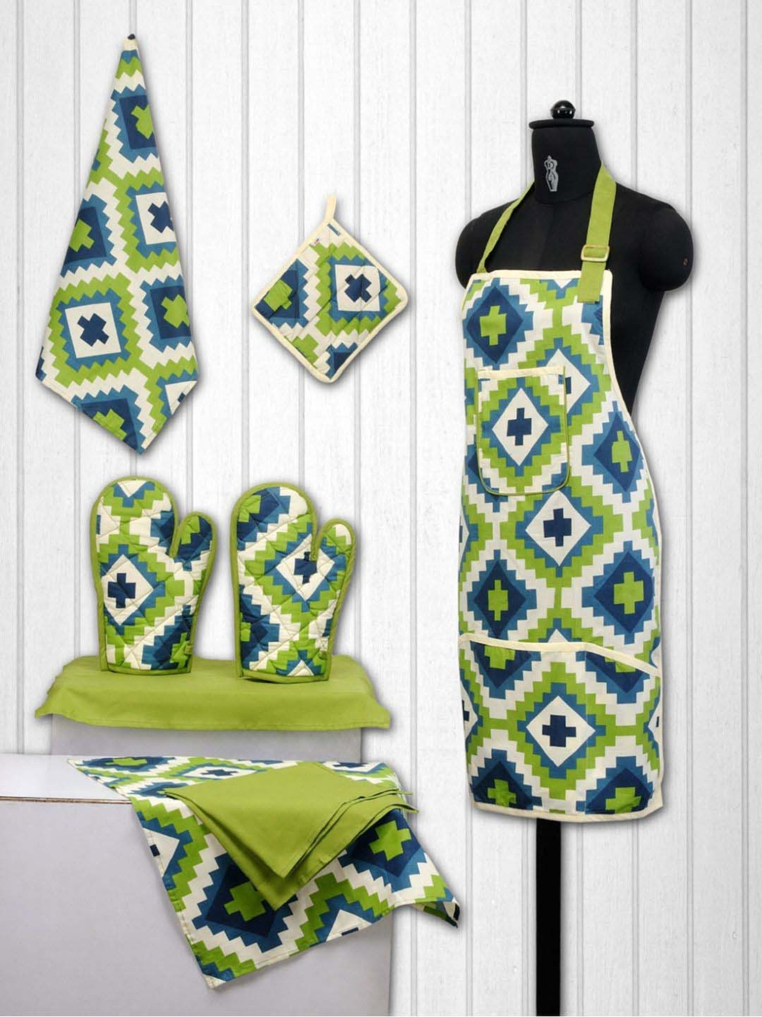 Swayam Green & Blue Kitchen Apron Combo - Set of 8