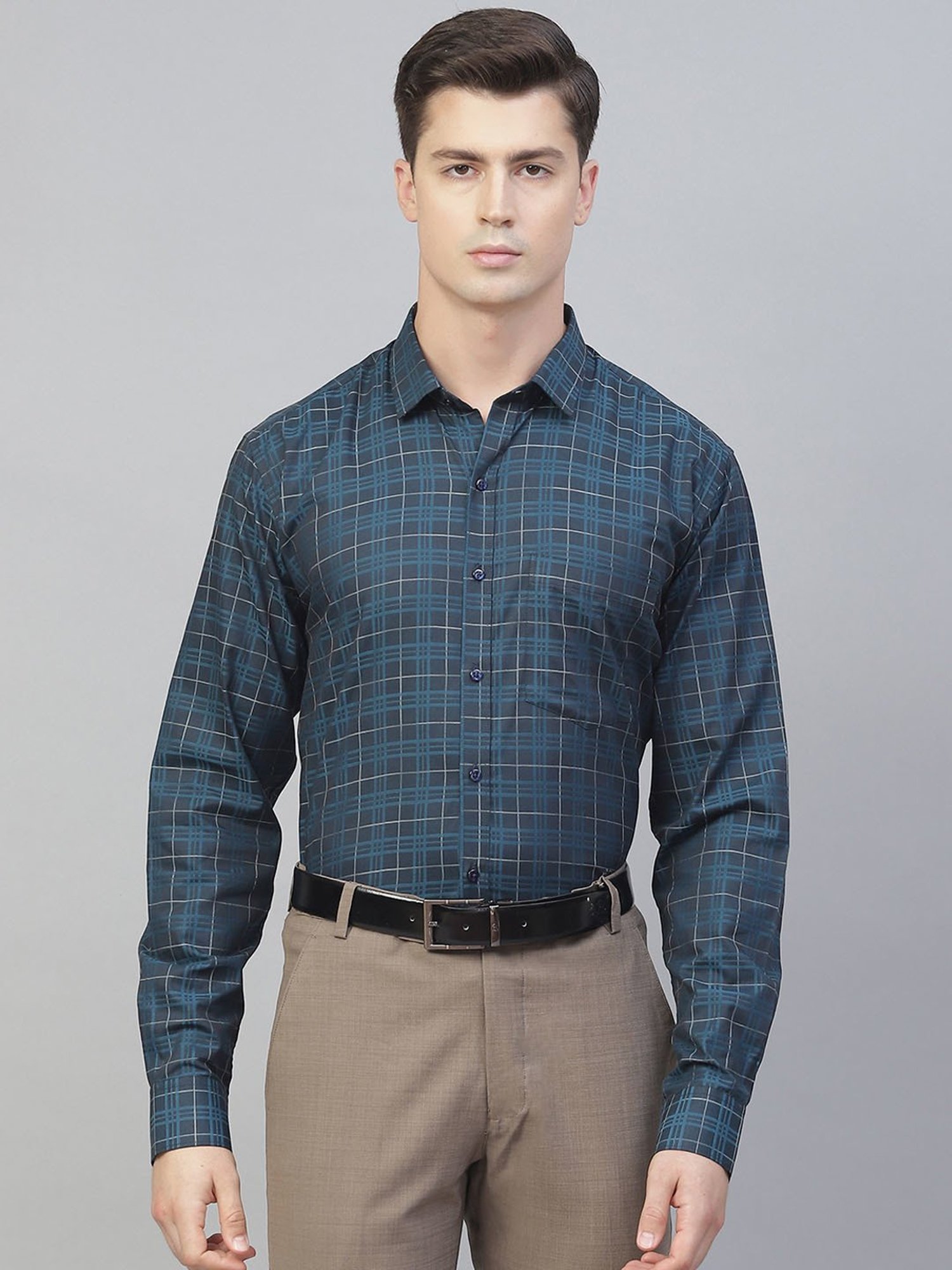 ManQ Teal Cotton Regular Fit Checks Shirt