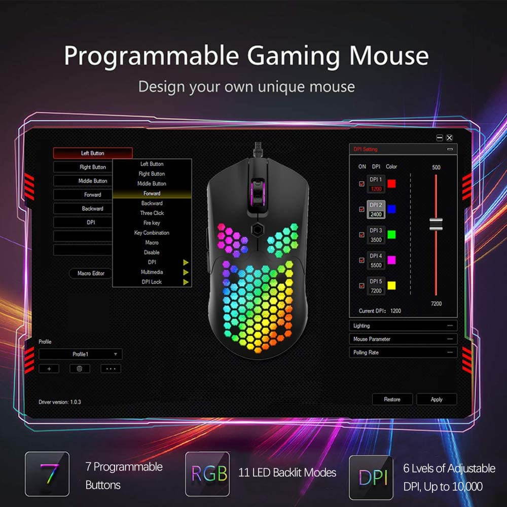 Wired Lightweight Gaming Mouse,26 RGB Backlit Mice with 7 Buttons Programmable Driver,PAW3325 12000DPI Mice,Ultralight Honeycomb Shell Ultraweave Cable Mouse for PC Gamers and Xbox and PS4 Users