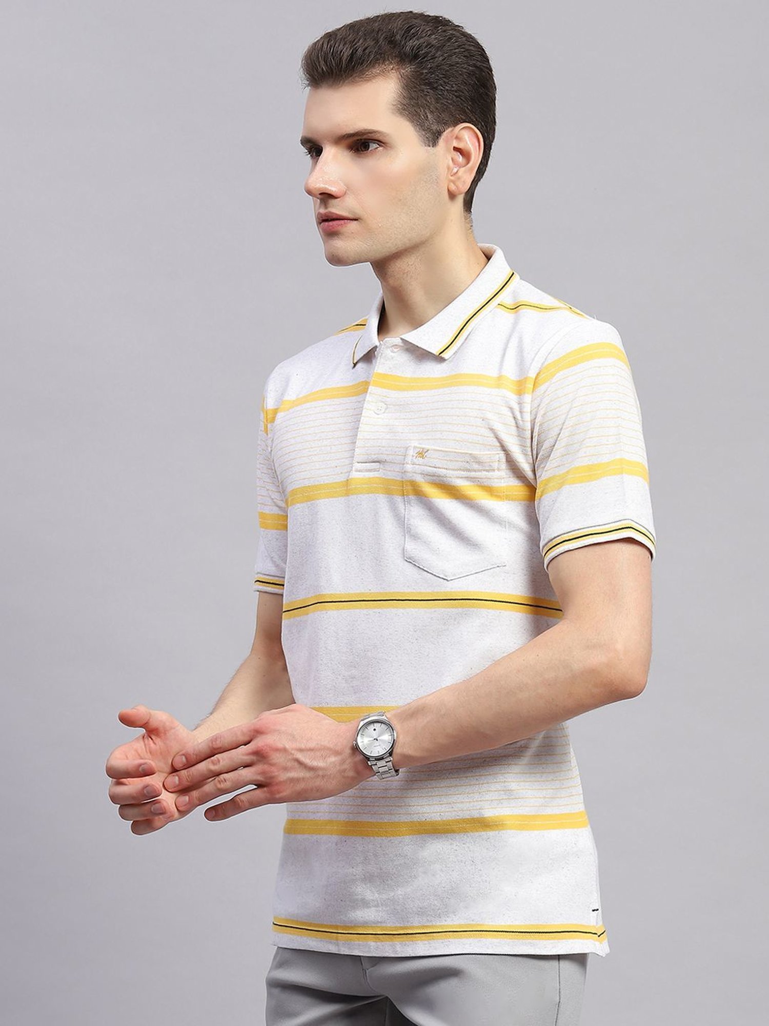 Monte Carlo Yellow Regular Fit Striped Polo T-Shirt