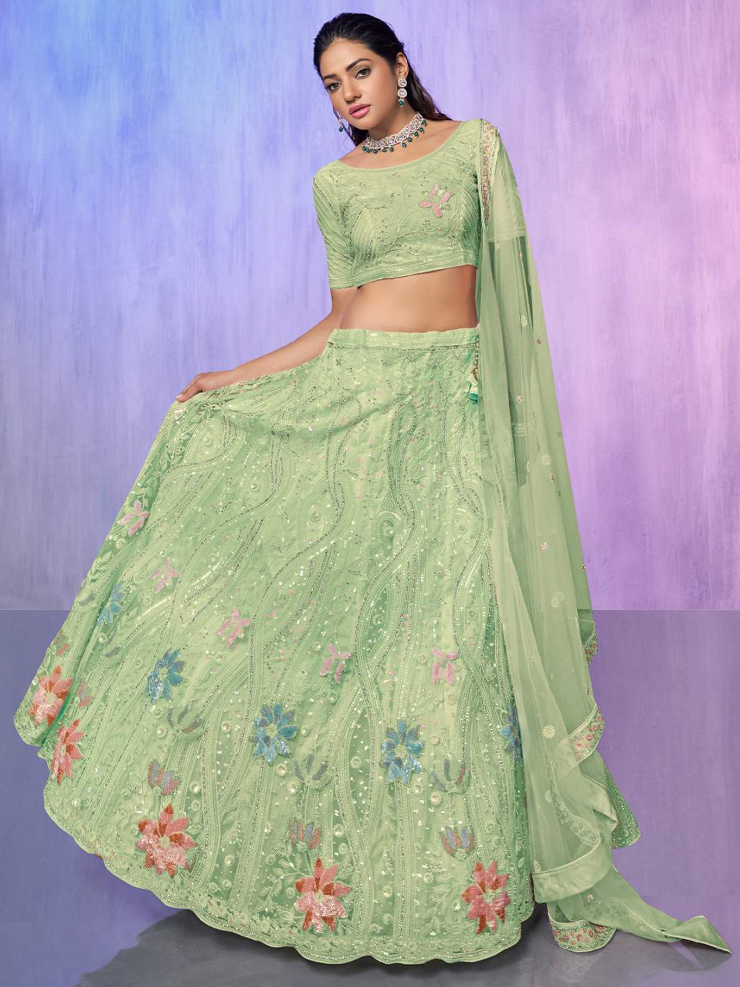 Odette Pista Green Embroidered Semi Stitched Lehenga Blouse Set With Dupatta