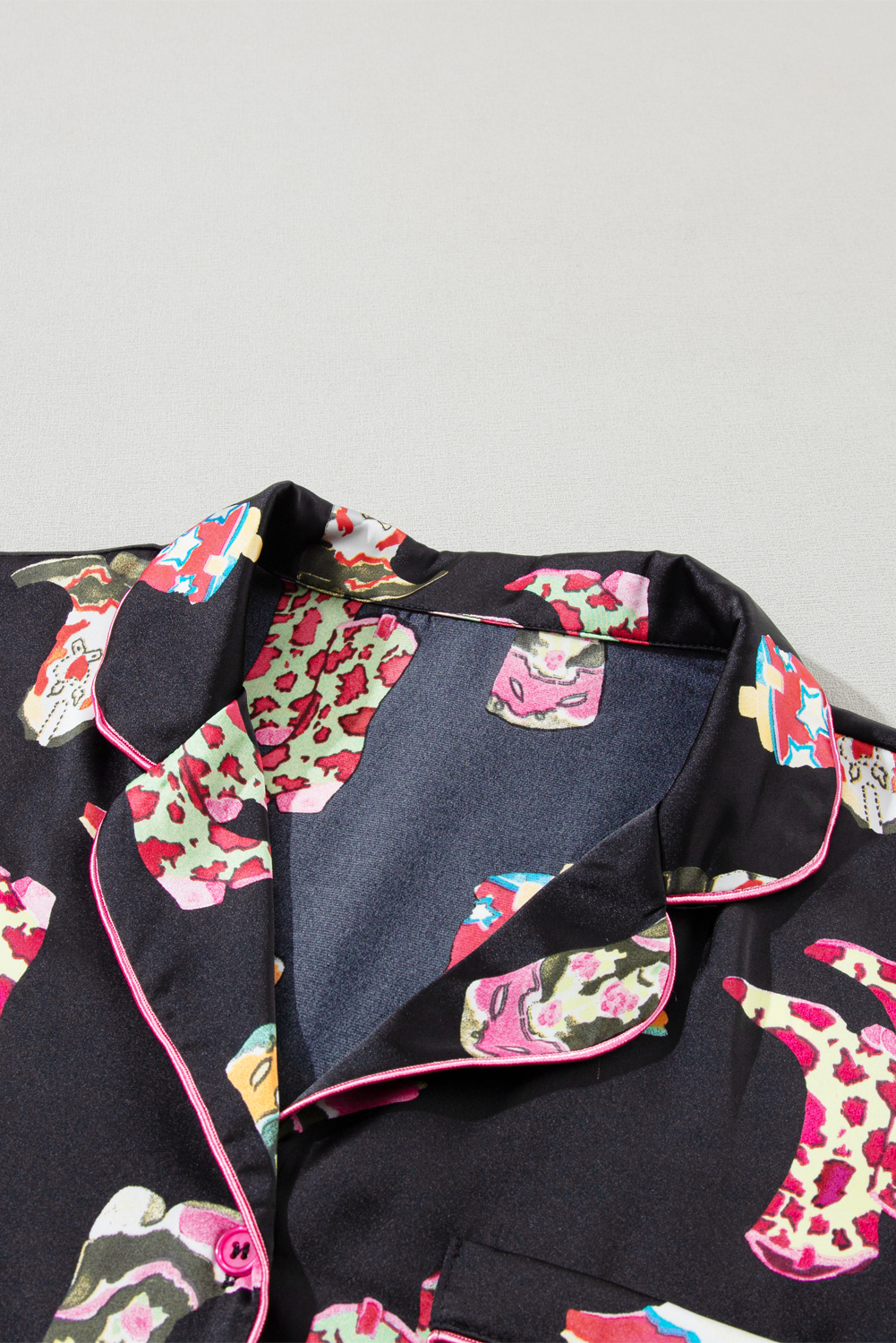 Black Boots Print Button-up Shirt and Shorts Pajama Set