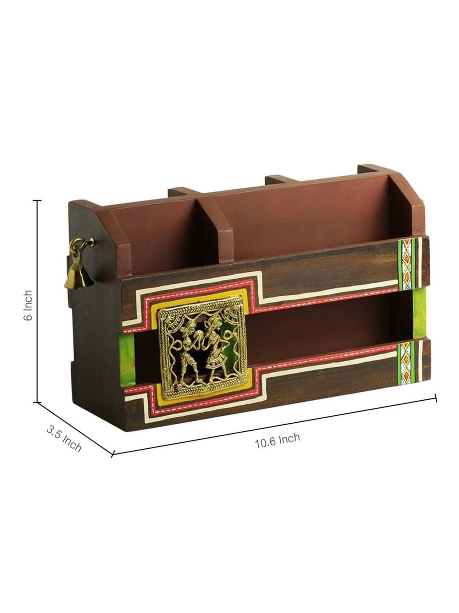 ExclusiveLane 'Dhokr-A-Rrange' Brown Pinewood Table Organiser With Brass Figurines - Set of 1