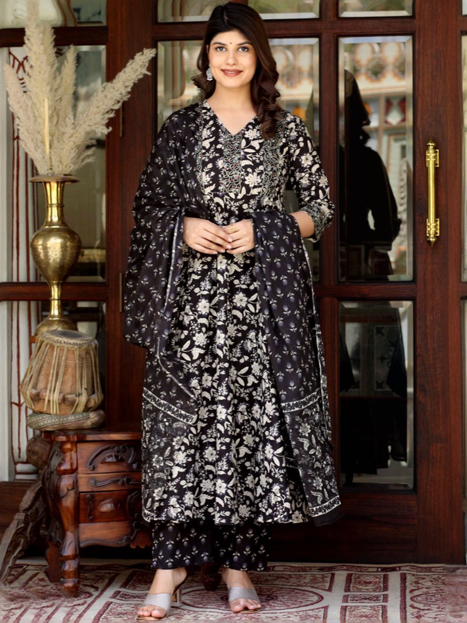Miravan Black Cotton Embroidered Kurta Palazzo Set With Dupatta
