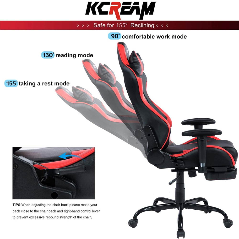 KCREAM PU Leather Swivel Chair Gaming Chair with Footrest Ergonomic Office Chair Headrest Lumbar Support Comfortable Large Size High Back Adjustable Reclining Computer Desk Chair