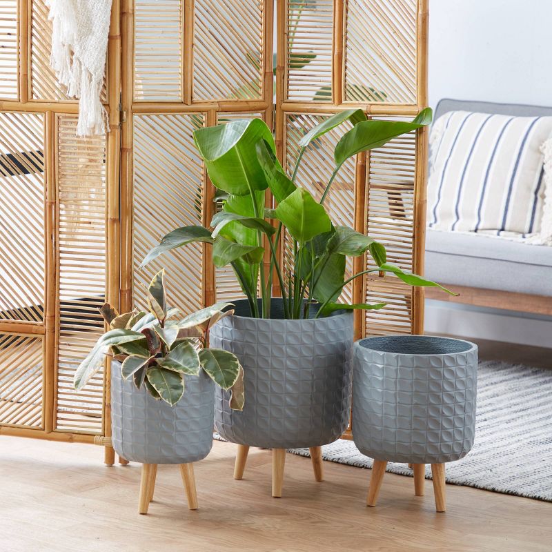 Set of 3 Contemporary Wood Grid Patterned Planters Gray - Olivia & May