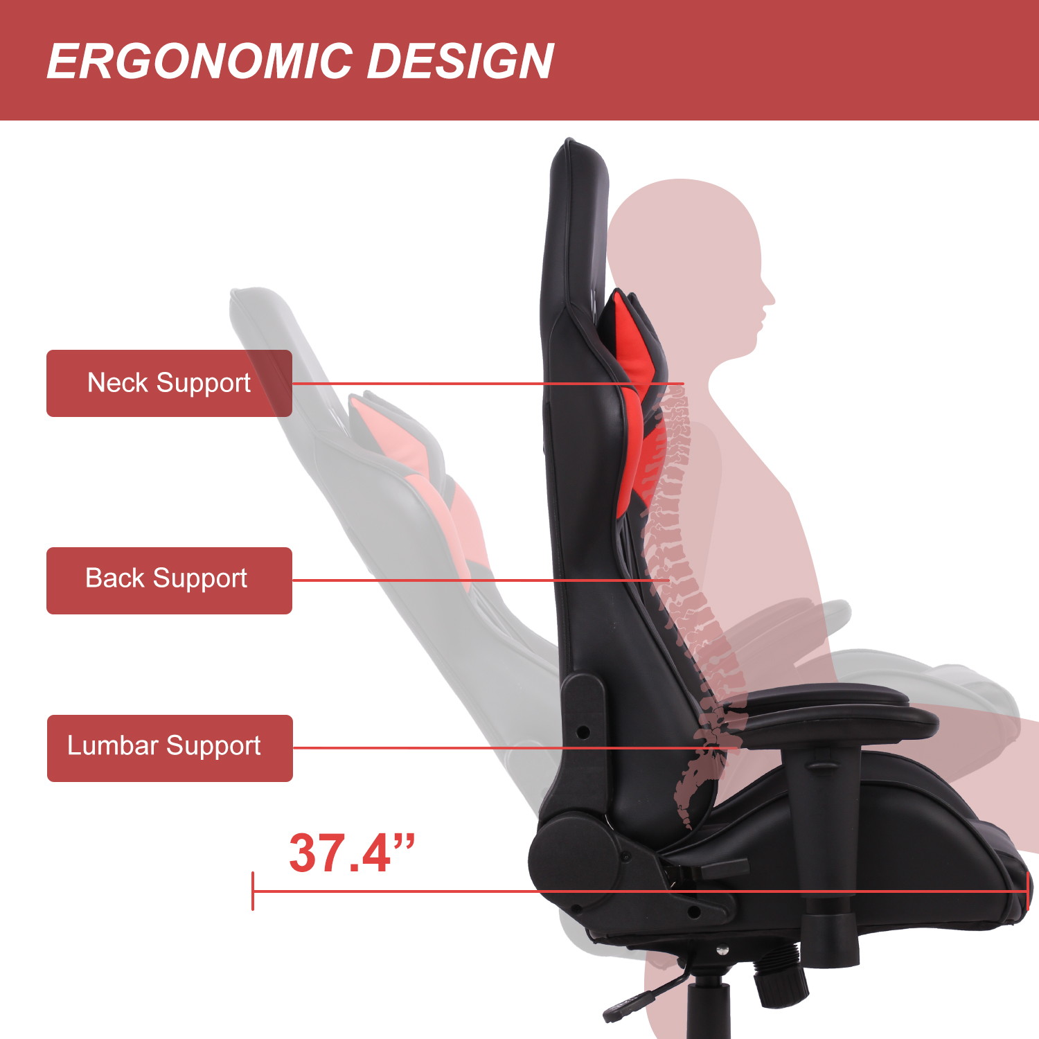 Gaming Chair, High Back Computer Chair Tilt Back Adjustable Armrest Height with Lumbar Support Headrest