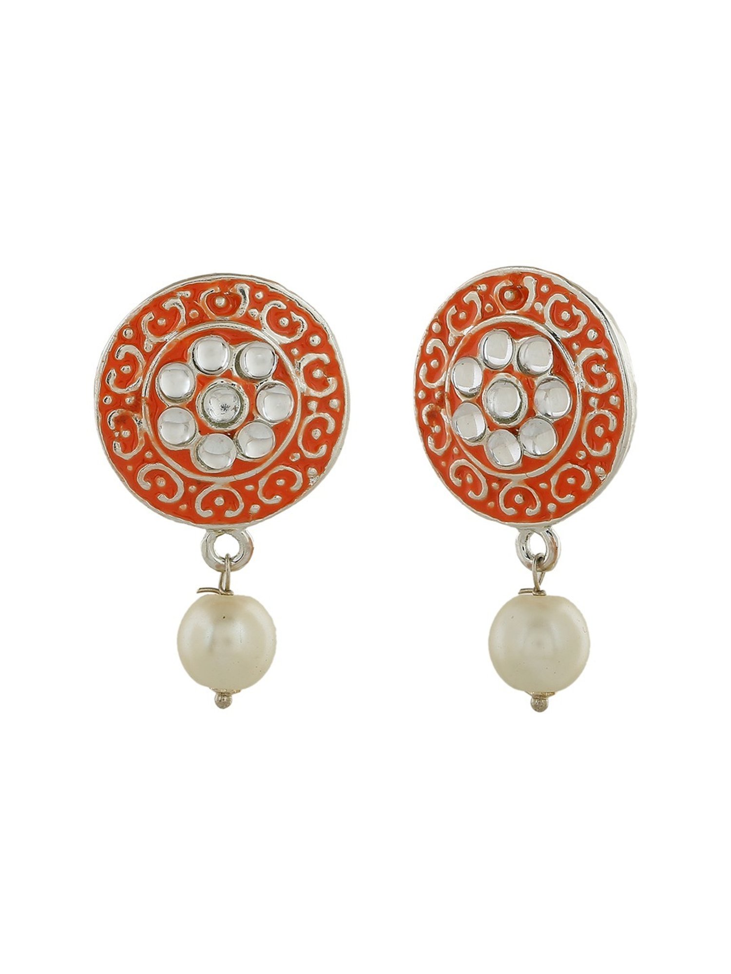 Estele Rhodium-Plated Stunning Meenakari Pearl Drop Earrings