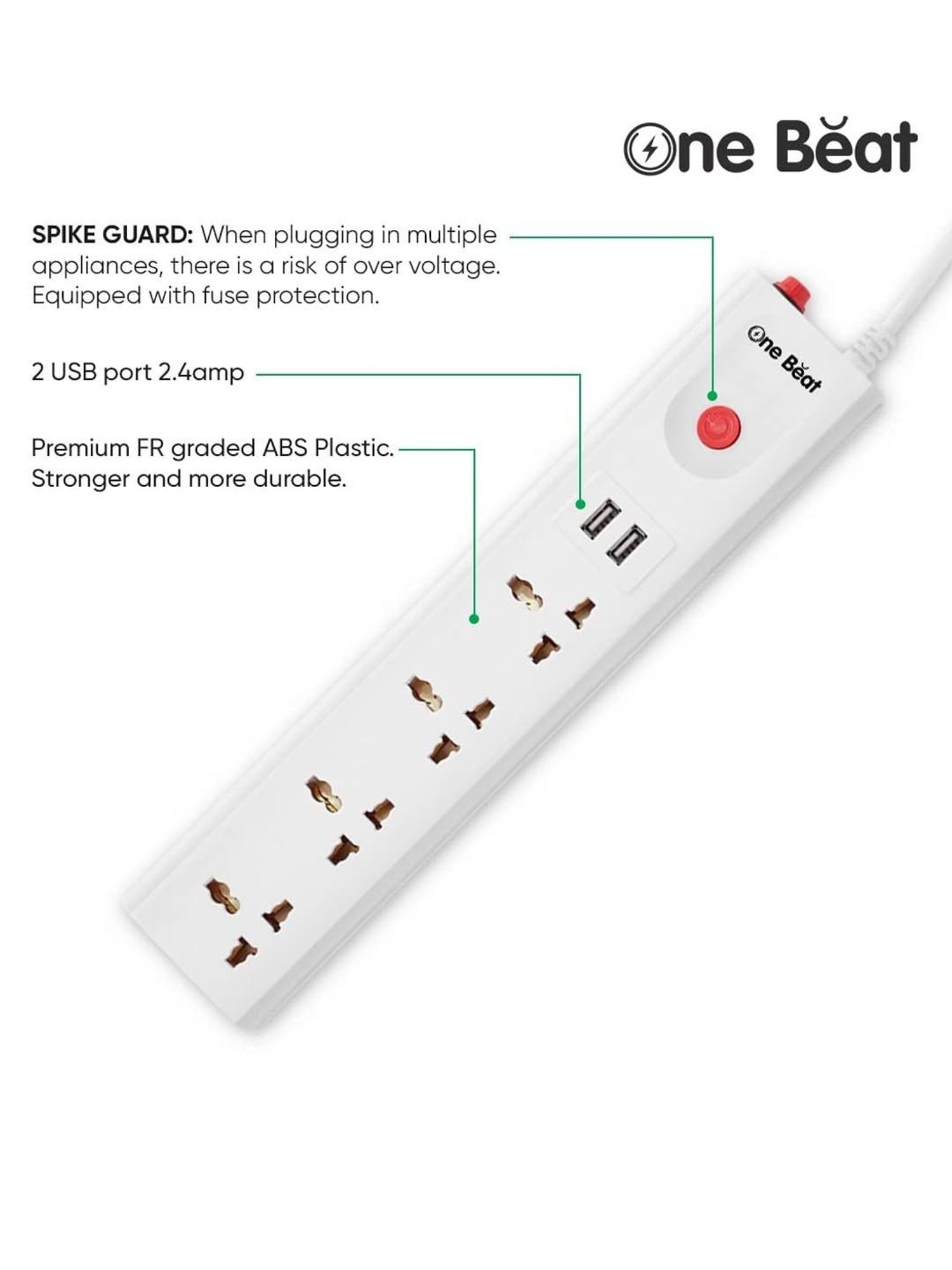 One Beat Extension 4 Universal Sockets, Power Load 10 AMP, 2 USB Port with 2 Mtr Cable (White)