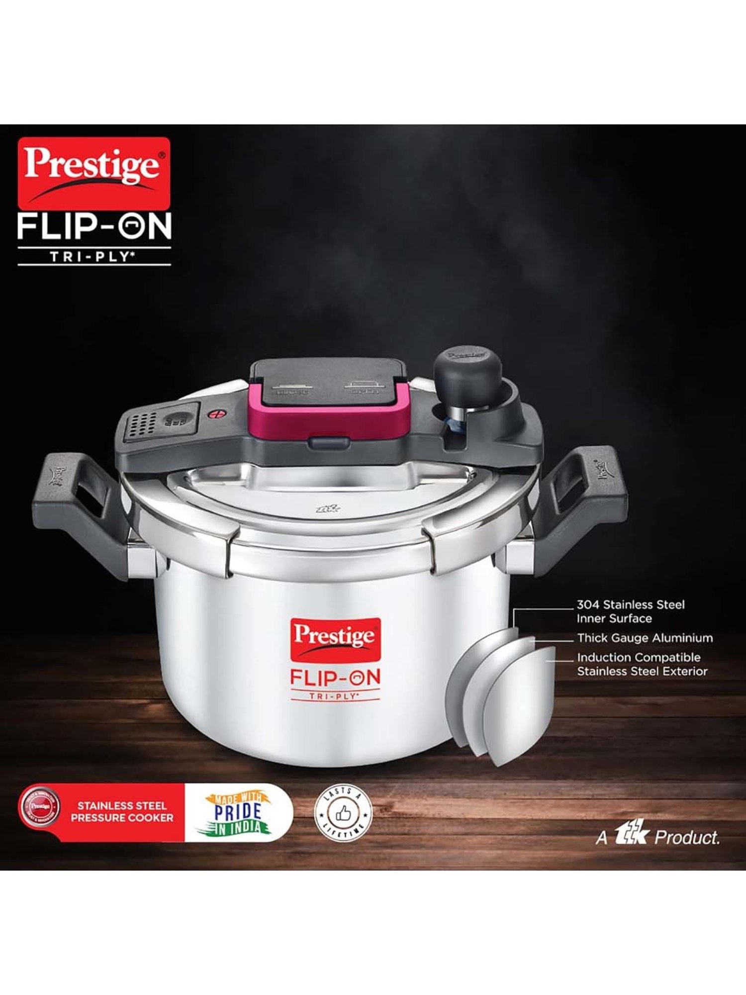 Prestige Silver And Black Stainless Steel 18 cm Flip-On Pressure Cooker With Glass Lid (3 L)