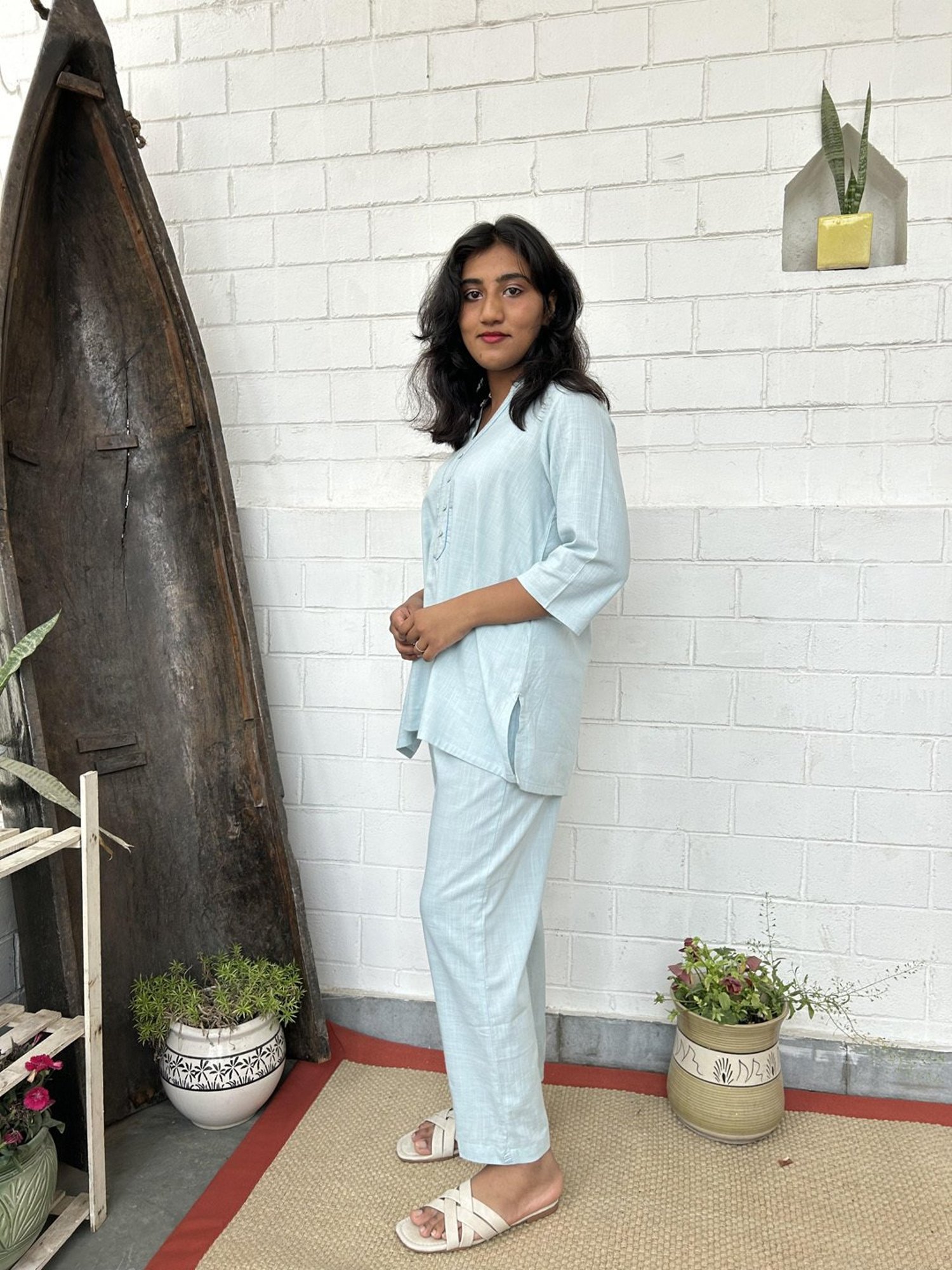 Zuri Sky Blue Kantha Embroidered Short Cotton Kurta