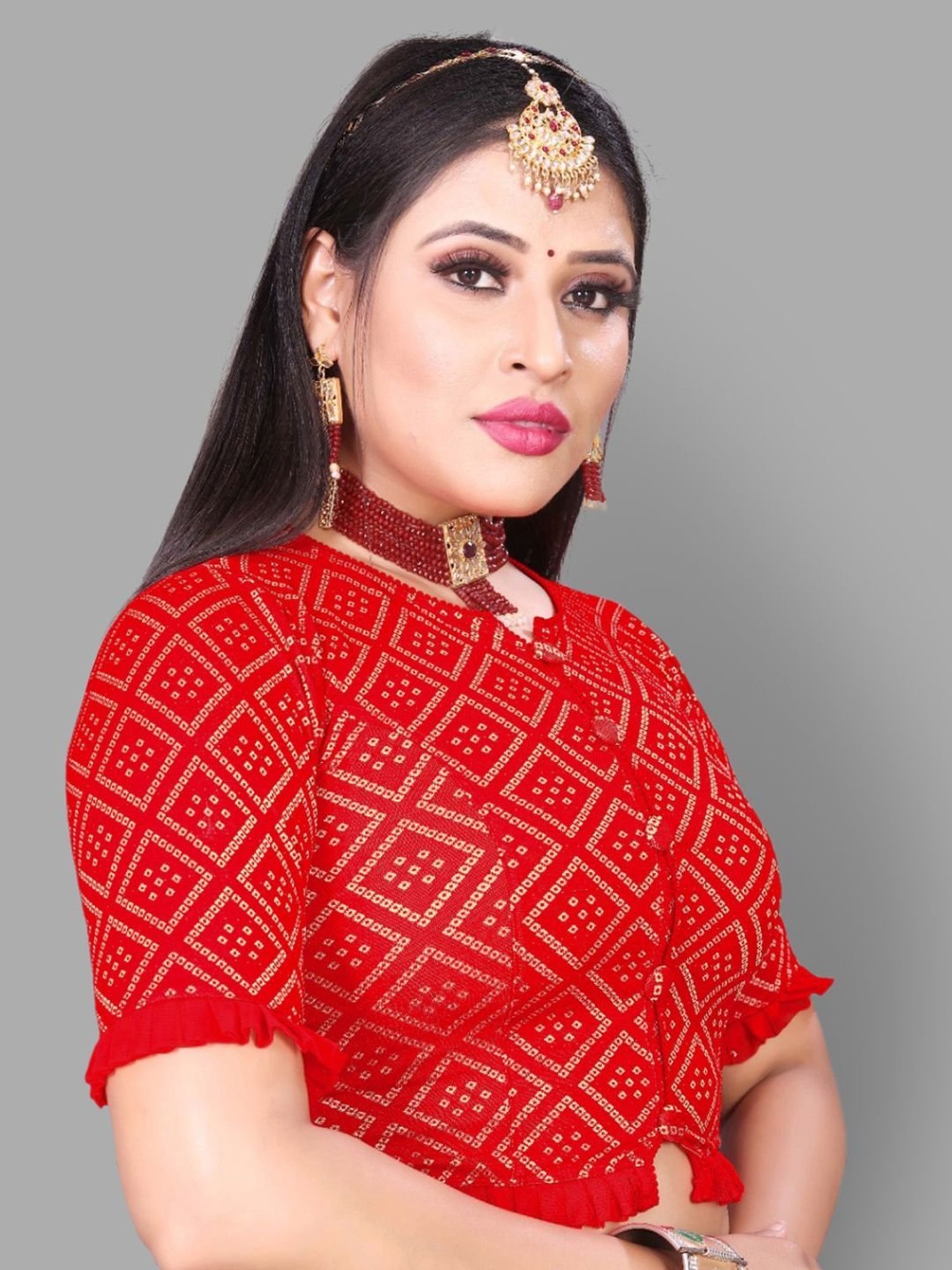 Satrani Red Printed Readymade Blouse