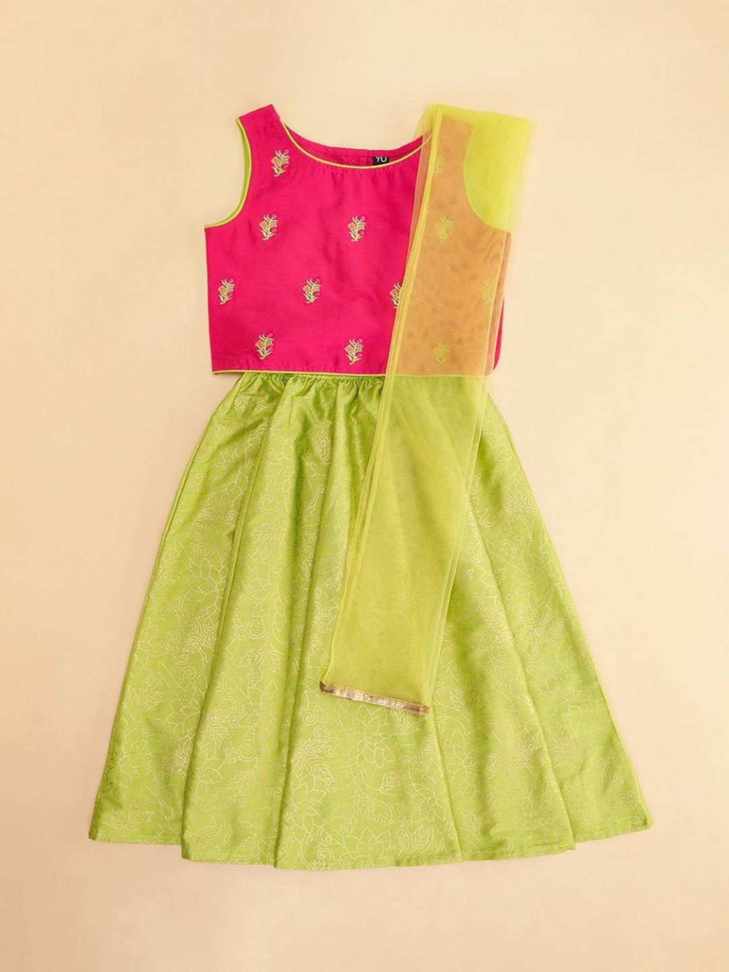 YU by Pantaloons Kids Pink & Lime Green Embroidered Lehenga Cholis