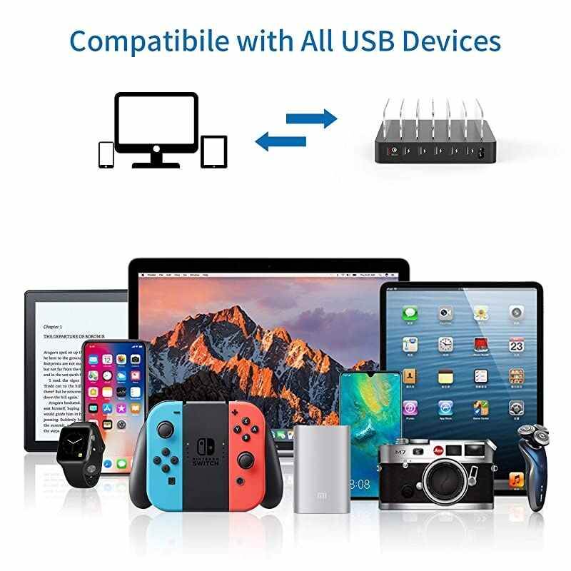 Fastest Charging Station with Quick Charge 3.0,  6 Ports Charging Dock Station Organizer for Multiple Devices, iWatch Stand, 6 Phone Charger Cables, for Smartphone, Tablet, Kindle [UL Listed]