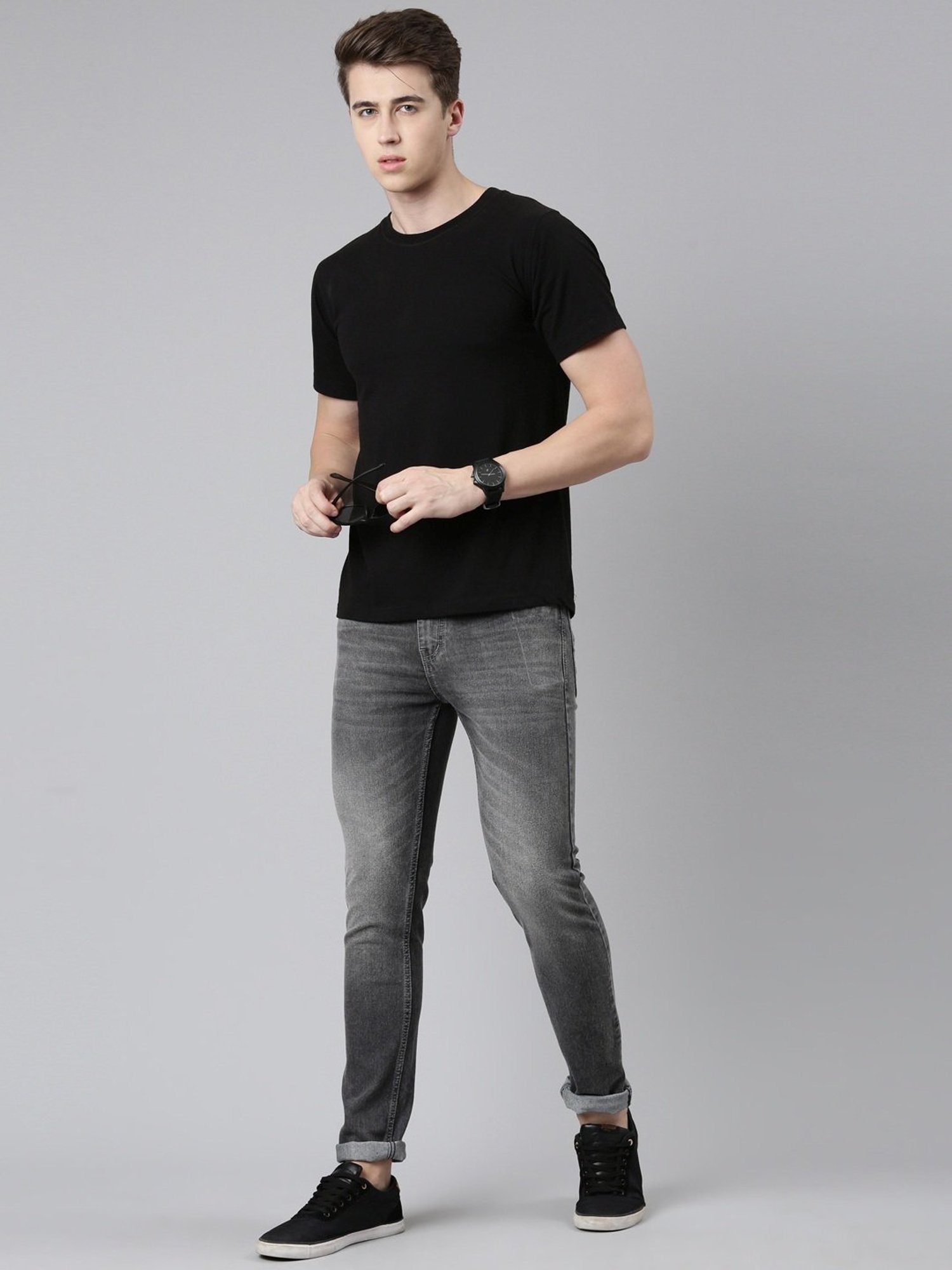 CINOCCI Grey Cotton Slim Fit Jeans