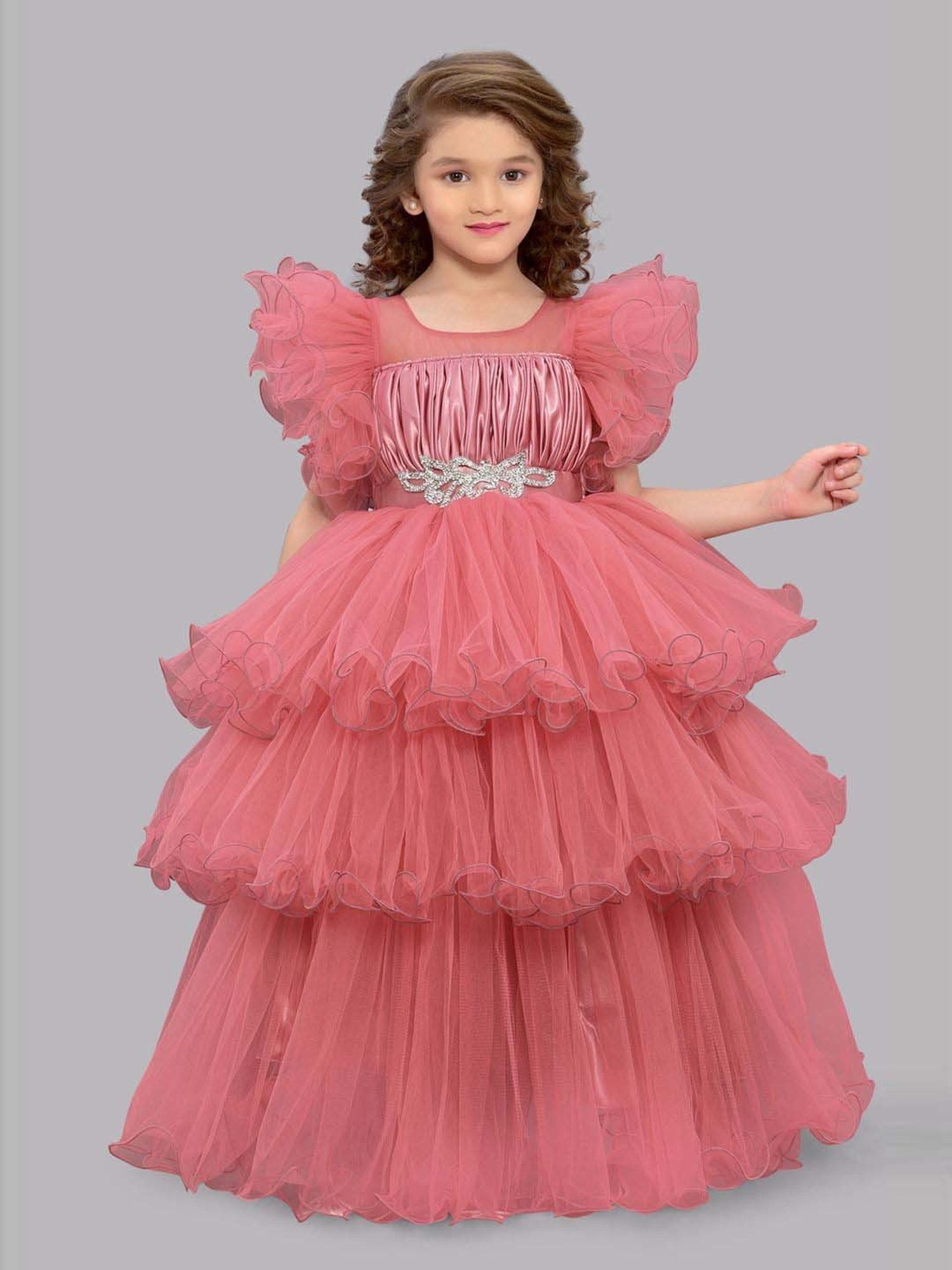 Pink Chick Kids Coral Solid Party Gowns