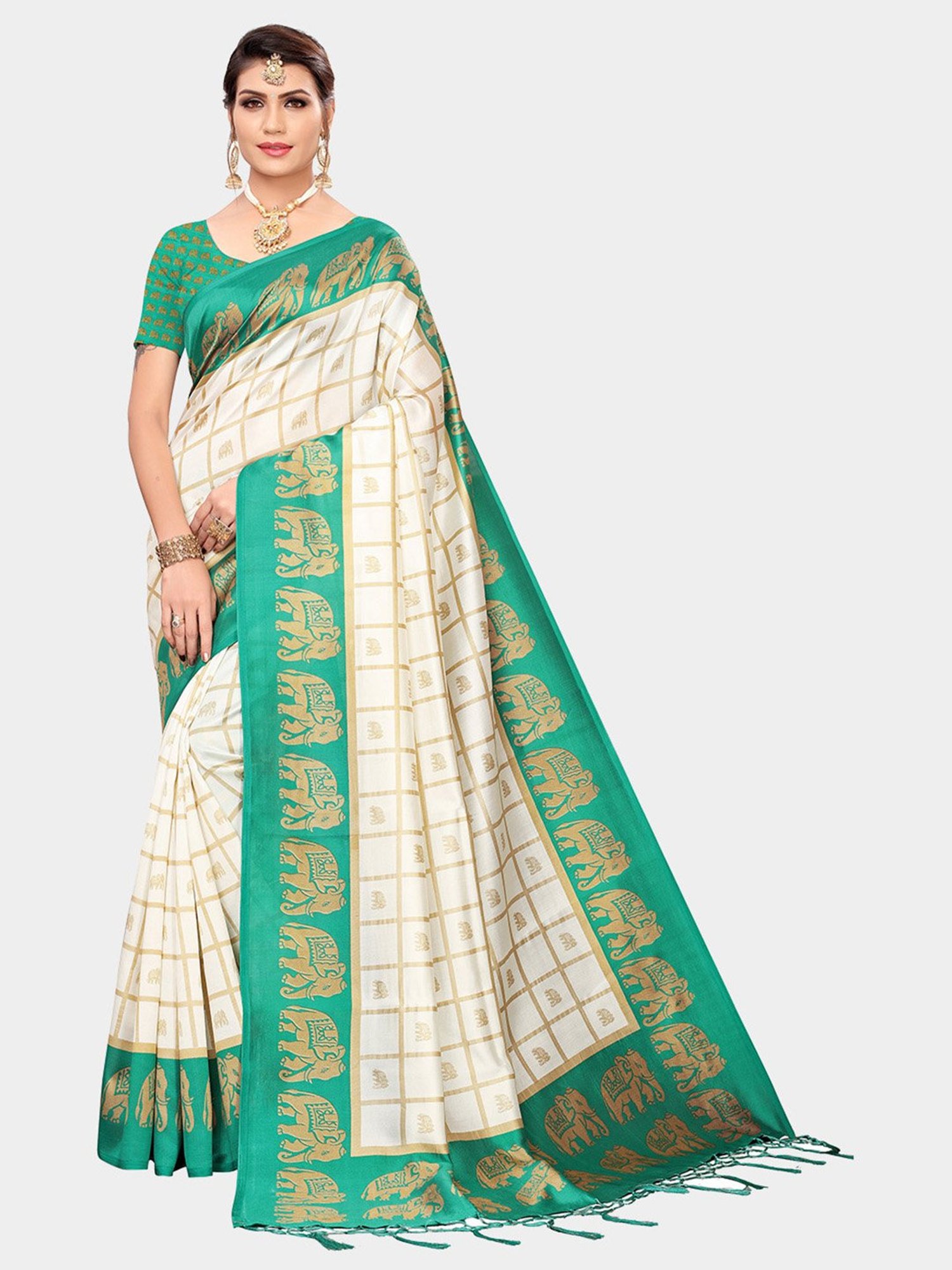 KSUT Green & Beige Check Saree With Blouse