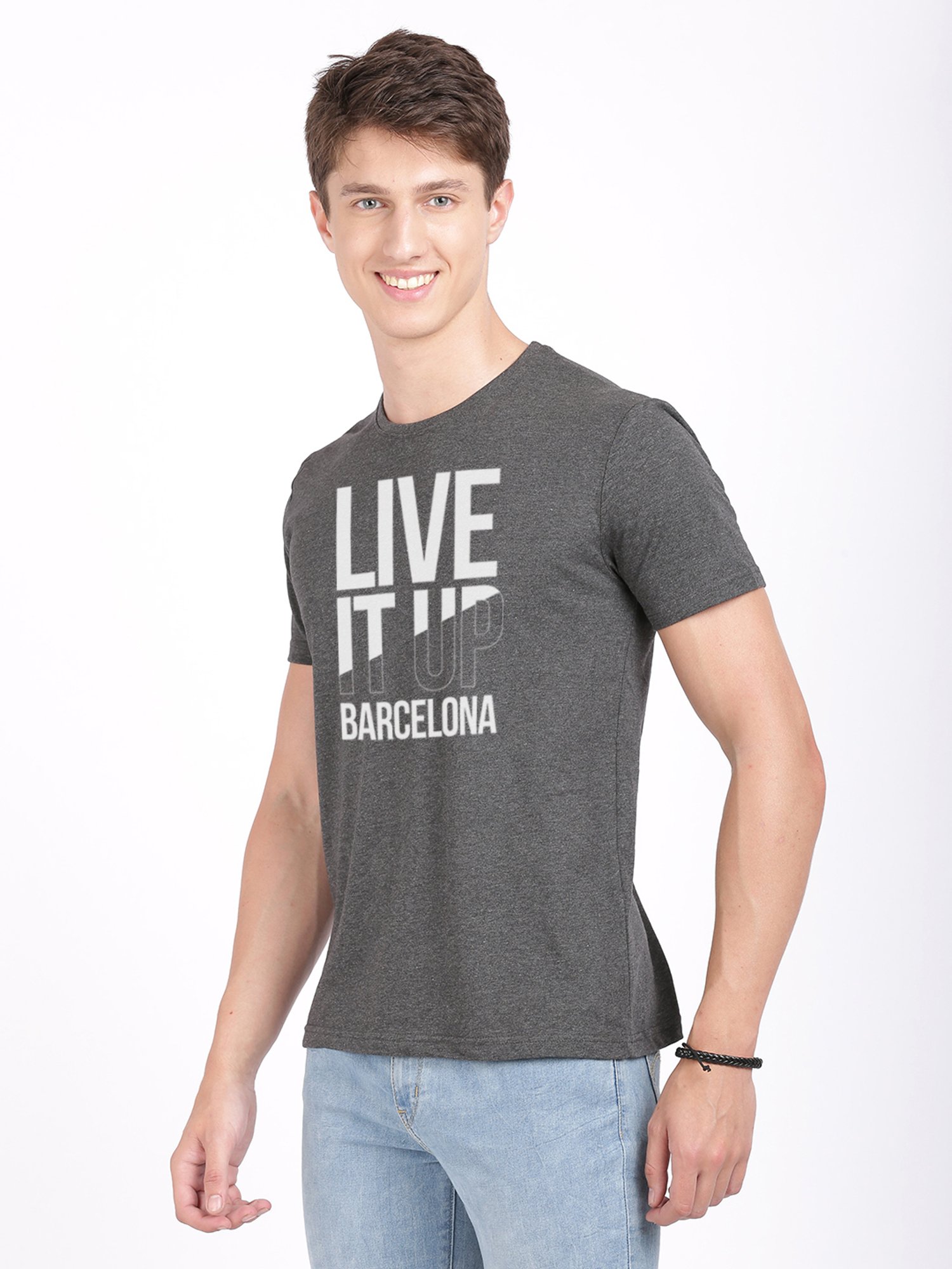 BLACK RADIO Charcoal Slim Fit Printed Cotton Crew T-Shirt