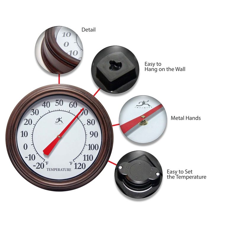 Infinity Instruments 12-Inch Round Analog Outdoor Patio Thermometer with Easy Keyhole Hanging Design, Arbol Brown