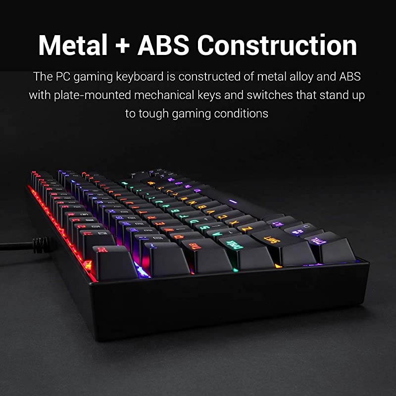 K552 Mechanical Gaming Keyboard RGB LED Rainbow Backlit Wired Keyboard with Red Switches for Windows Gaming PC 87 Keys Black