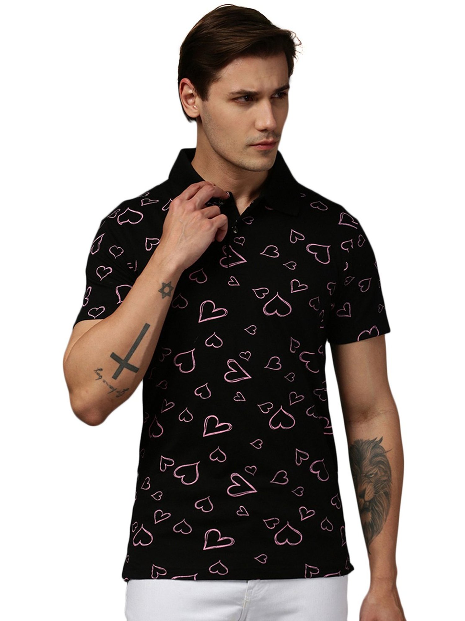 Kryptic Black Regular Fit Printed Polo T-Shirt
