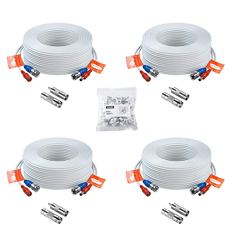 4 Pack 100ft 30 Meters 2in1 Video Power Cable BNC Extension Surveillance Camera Cables for Video Security Systems Included 4X BNC Connectors and 4X RCA Adapters White Color