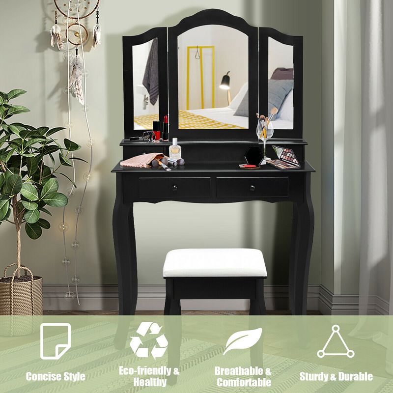 Costway Vanity Makeup Dressing Table Set W/Stool 4 Drawer&Mirror Jewelry Wood Desk Black
