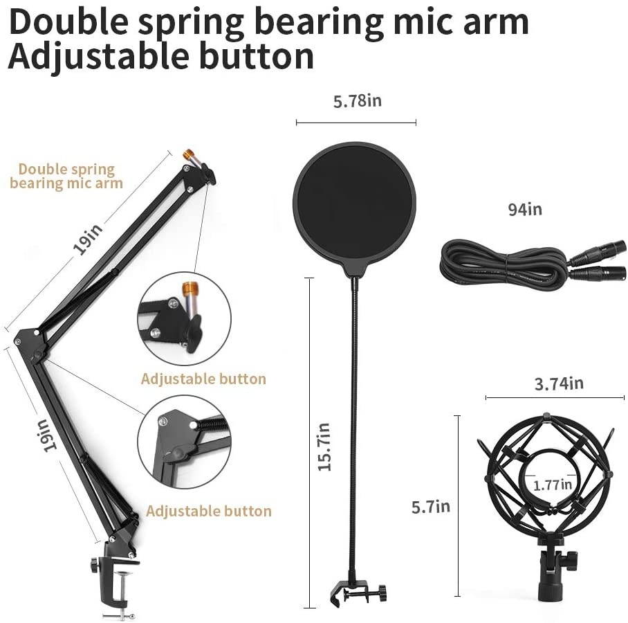 Condenser Microphone, Professional Studio Cardioid Microphone Kit with Boom Arm, Shock Mount, Pop Filter, Windscreen and XLR Cable, for Broadcasting,Recording,Chatting and YouTube