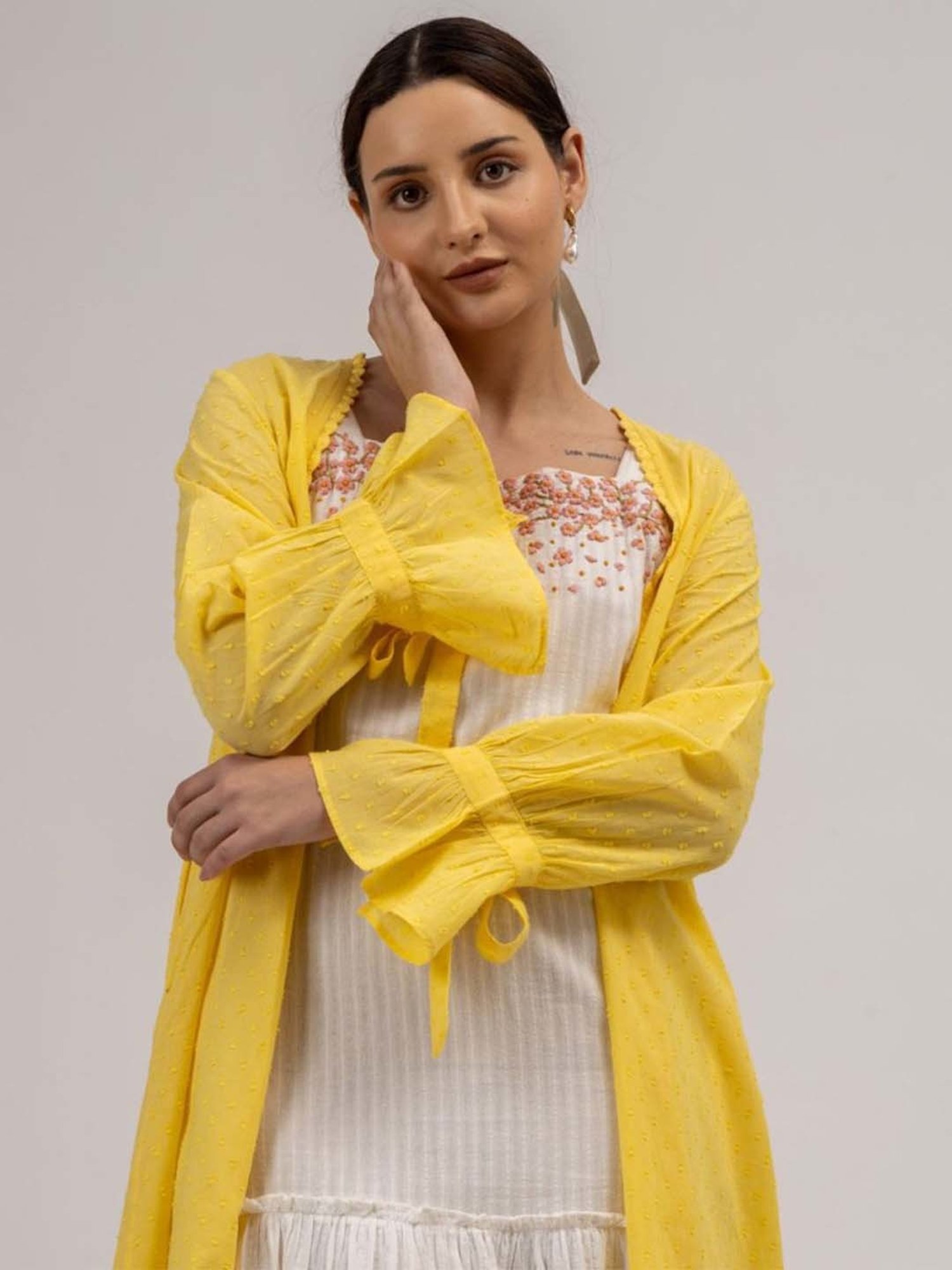 Mushio Yellow Camilla Crochet Lace Detail Cotton Dobby Overlay With Sleeve Tie Ups