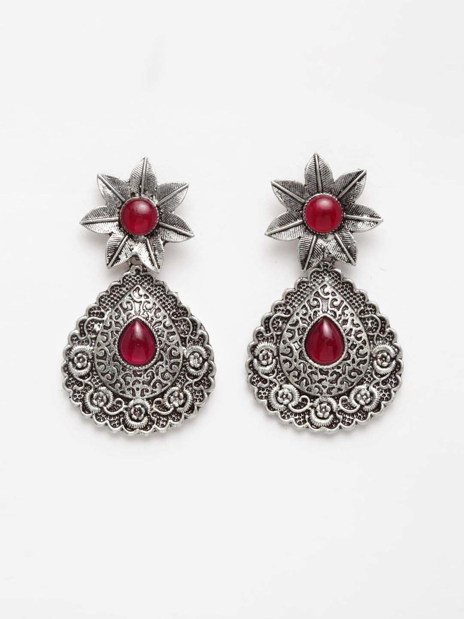 Panash Oxidized Silver-Plated Stone Studded Peacock Shaped Dangler Earrings