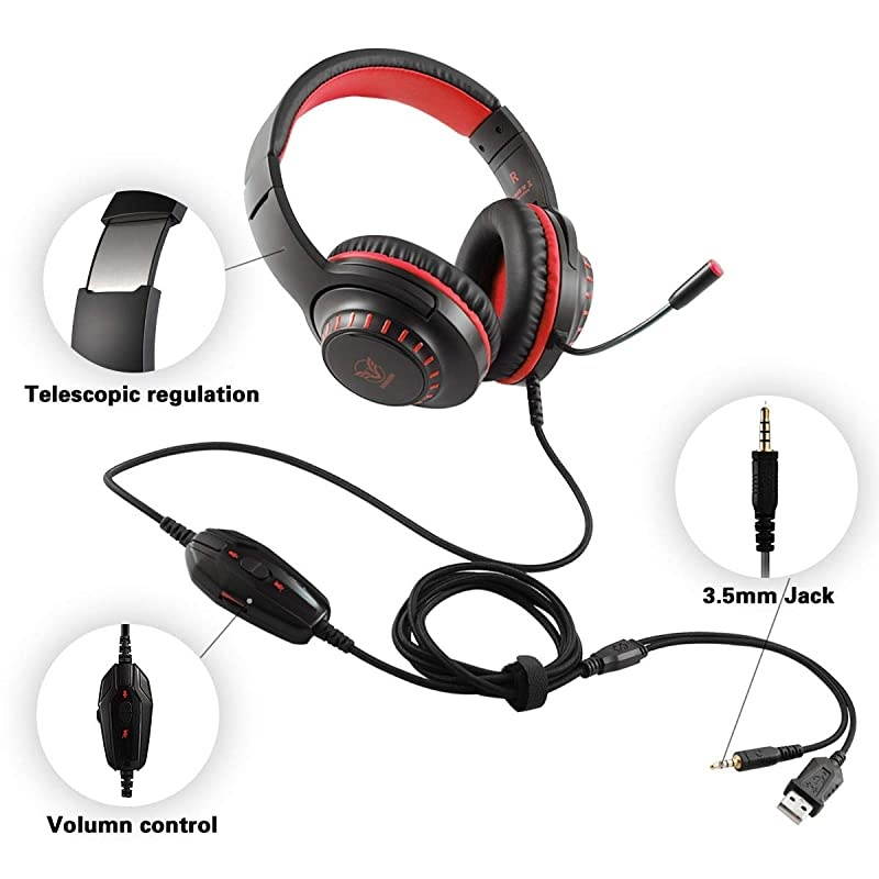Gaming Headset for PS4 Xbox One PC with Noise Cancelling Microphone Stereo Surround Sound Headphone with LED Light Intense Bass for Computer Laptop Mac Black Red