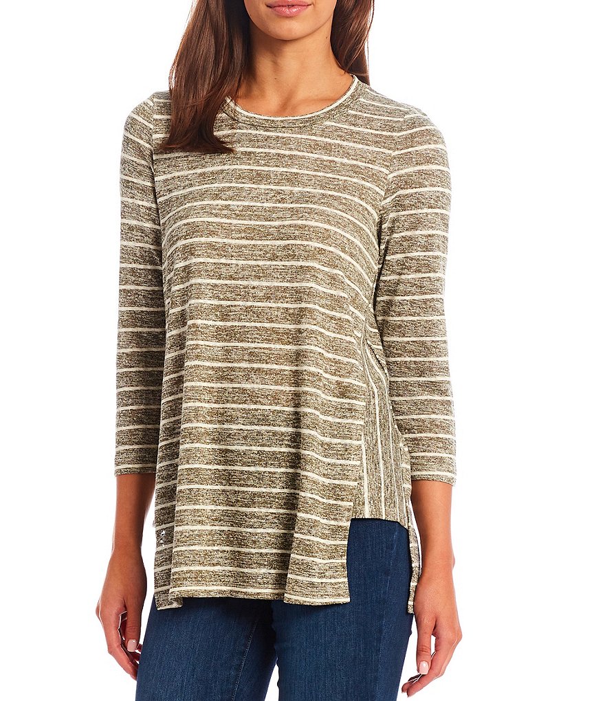 Bobeau Stripe Print Knit 3/4 Sleeve Side Panel Detail Hi-Low Tunic