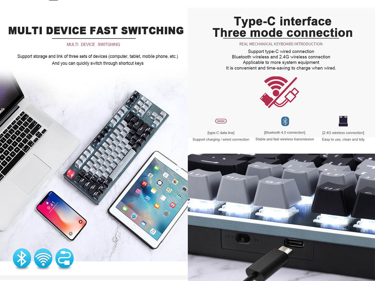 HSCCGI Mechanical Bluetooth 3.0 Wired/Wireless 87 Keys Multi-Device LED Backlit Gaming/Office Keyboard for iOS, Android, Windows and Mac with Rechargeable Battery, Blue Switch - GrayBlack