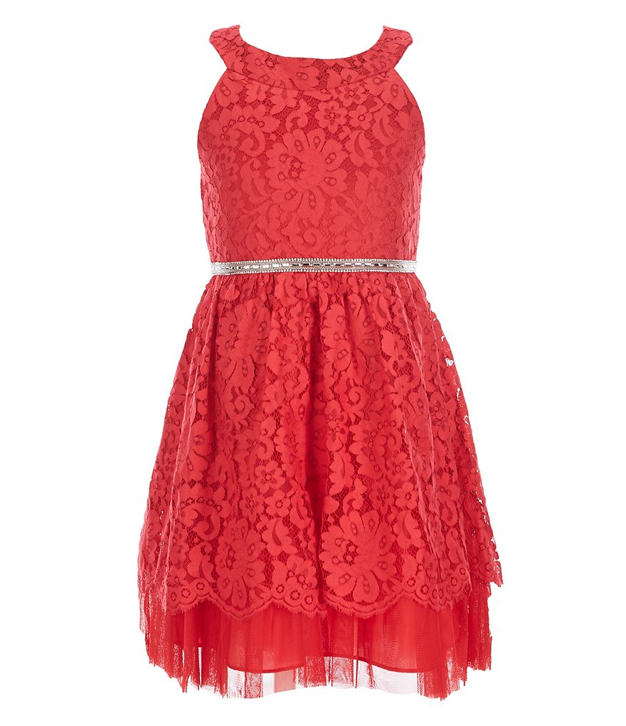 Honey and Rosie Big Girls 7-16 Sleeveless Ruffled Neck Scuba Skater Dress