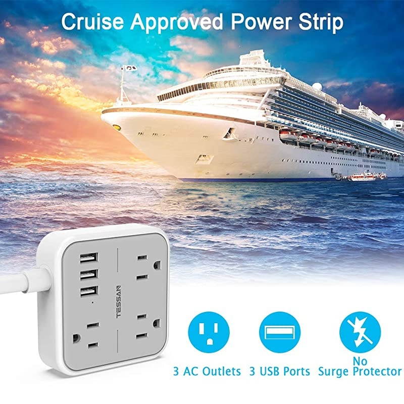 Strip with USB TESSAN Flat Plug Extension Cord with 3 USB Ports Mini Travel Strip with 3 Widely Spaced Outlets 5 Feet Cord Compact for Cruise Ship Hotel Dorm Room Home Gray