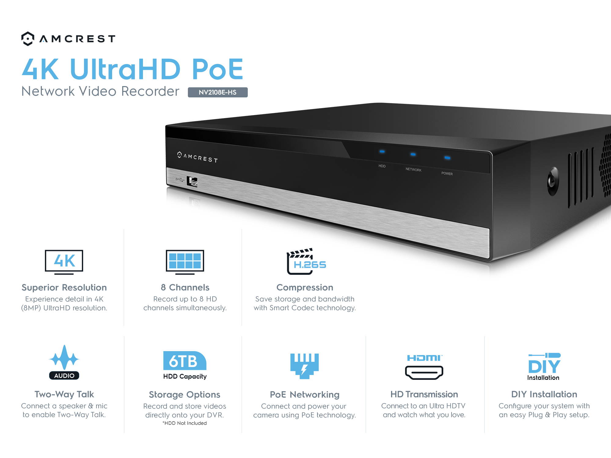 Amcrest NV2108E-HS 8CH PoE NVR 4K/6MP/5MP/4MP/3MP/1080P Network Video Recorder, 8-Channels, Supports 8 x 4K IP Cameras, HDD Not Included (Supports up to 6TB Hard Drive)