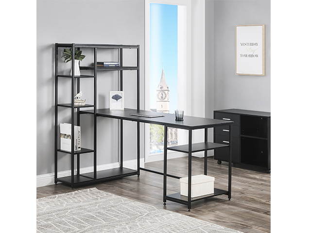 Office Computer Game Desk with Multiple Storage Shelves, Modern Large Office Desk with Bookshelf and Storage Space,Black,GT67