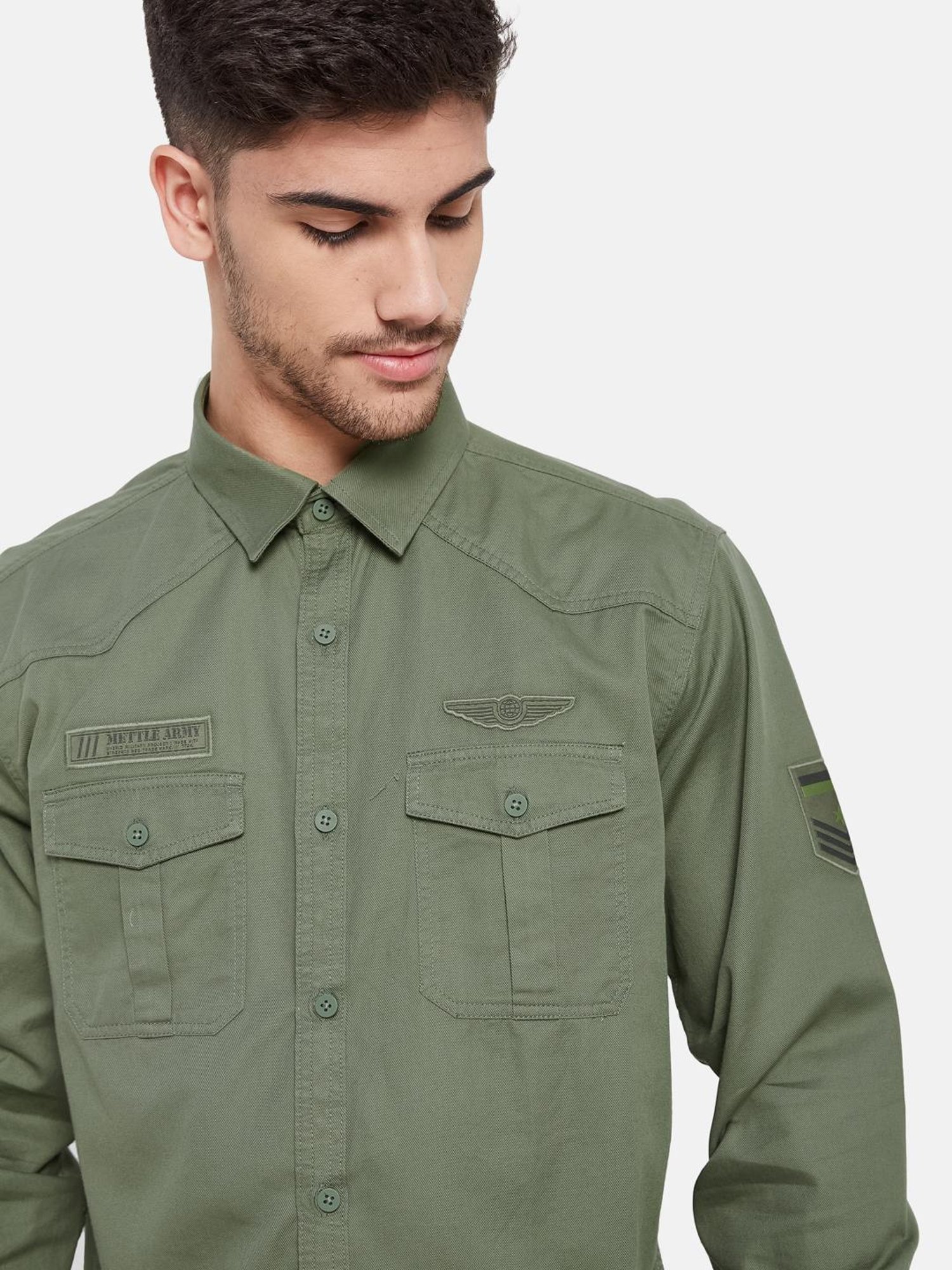 METTLE Olive Cotton Regular Fit Shirt