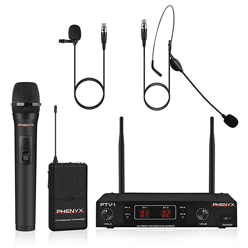 Wireless Microphone System  VHF Cordless Mic Set With 1 Handheld+1 Headset+1 Lapel+1 Bodypack Stable Signal Long Range Best for Presentation Interview Church WeddingEvents PTV1B