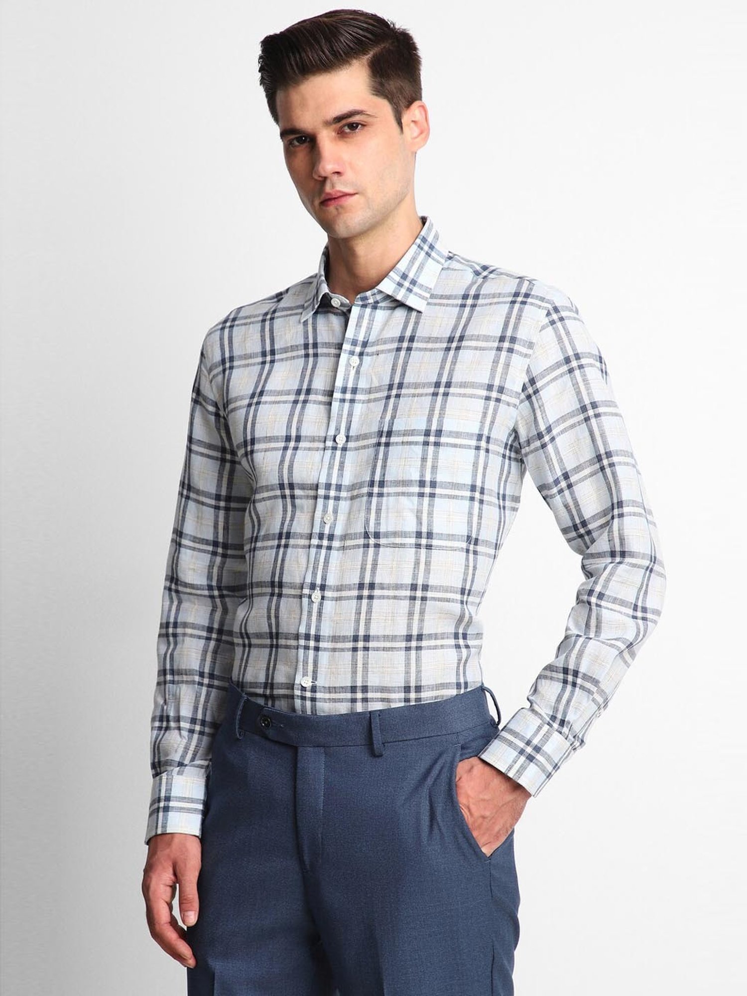 Luxure By Louis Philippe White Linen Regular Fit Checks Shirt