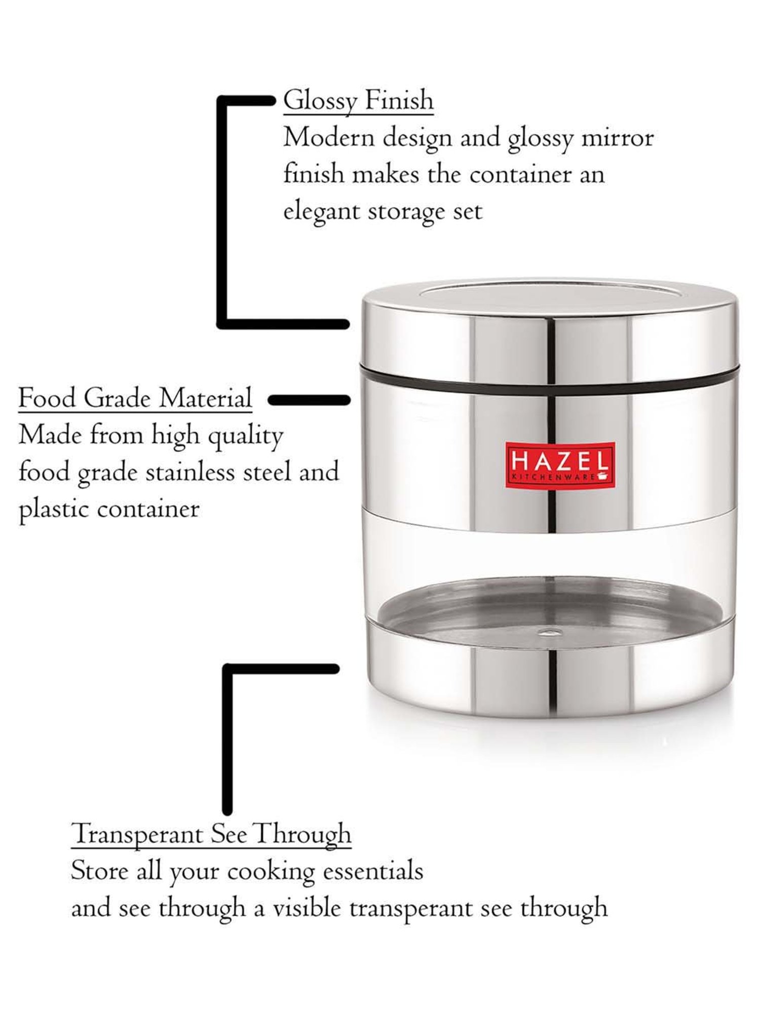 HAZEL Silver Stainless Steel Kitchen Storage Jar (600 ml) - Set of 1