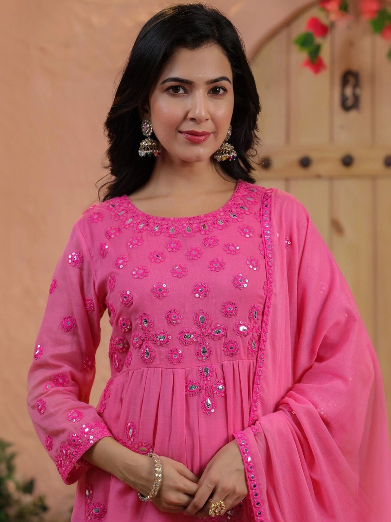 Scakhi Coral Mulmul Mirror & Sequin Embroidered Peplum Kurta with Sharara and Dupatta